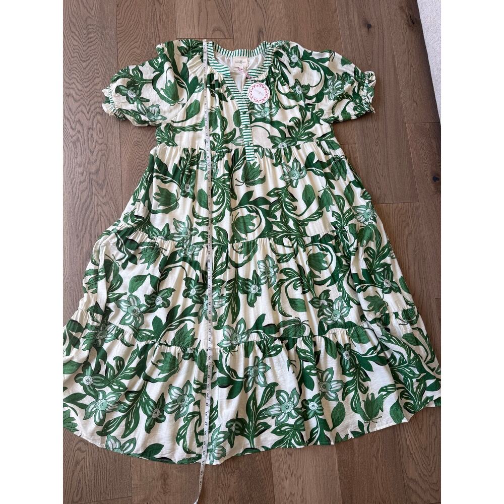 Botanical Leaf Print Tiered Midi Dress V-Neck Lined Green Cream Boho L - Picture 4 of 6